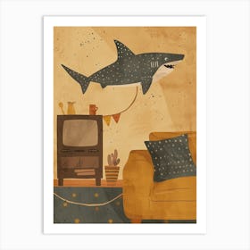 Shark In A Living Room Mustard Art Print