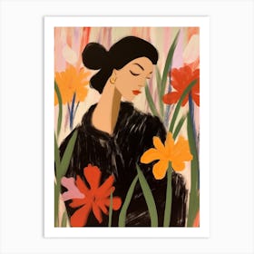 Woman With Autumnal Flowers Gladiolus 2 Art Print