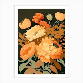 Cut Flowers Of Peonies Orange 3 Vintage Sketch Art Print