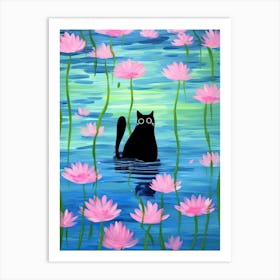 Black Cat In A Pond With Pink Flowers Art Print