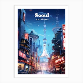 Seoul South Korea Nighttime Modern Travel Art Art Print