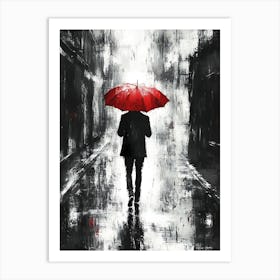 A Man with a Red Umbrella in the Rain 5 Art Print