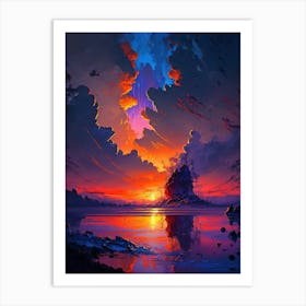 Purple and Red Sunset Clouds and Lake Art Print