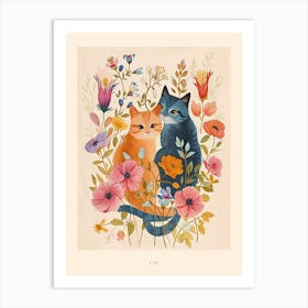 Folksy Floral Animal Drawing Cat 9 Poster Art Print