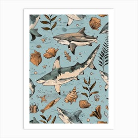 Pastel Blue Squatina Genus Shark Watercolour Seascape Pattern 1 Art Print
