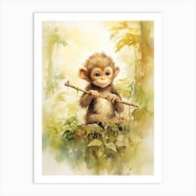 Monkey Painting Playing An Instrument Watercolour 4 Art Print
