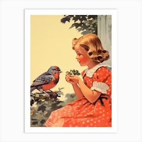 Vintage Retro Kids With Bird Illustration Kitsch 1 Art Print