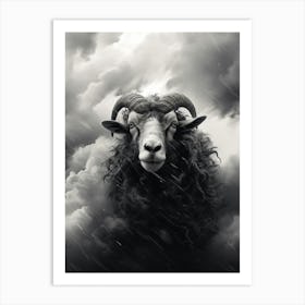 Black & White Illustration Of Highland Ram Art Print
