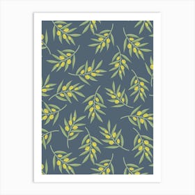 Scattered Olive Branches - Green Olives on Slate Blue Art Print