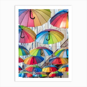 Bright and cheerful umbrellas in Lisbon, Portugal - summer rainbow colors street and travel photography by Christa Stroo Photography Art Print