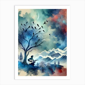 Watercolor Of A Tree With Birds and a musician Art Print