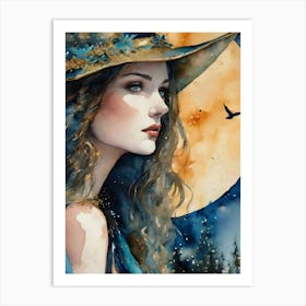 Moon Goddess - Turquoise and Gold Beautiful Lady Watercolor Siren Fairytale Gallery Feature Wall Perfect Face Visionary Fantasy Painting Gazing at the Full Moon Pagan Witch Magical HD 1 Art Print