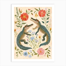 Folksy Floral Animal Drawing Alligator Art Print