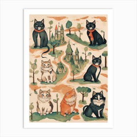 Cats Sat On A Medieval Map Art Print