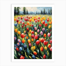 Rainbow of Tulips in the Meadow ~ Spring Oil Painting Vibrant Countryside Summer Landscape Feature Wall Decor - Botanical Art Print