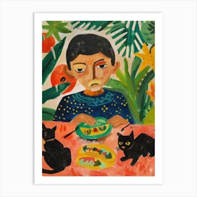 Portrait Of A Boy With Black Cats Eating A Taco Art Print