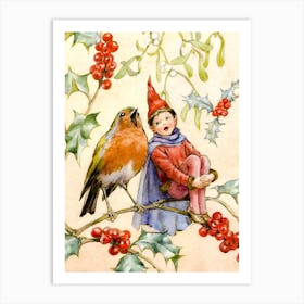 Remastered Image - Christmas Elf and Robin Duet - Woodland Creatures Victorian Christmas Card by Margaret Tarrant - Gallery Winter Decor Holly and Mistletoe Art Print