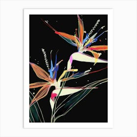 Neon Flowers On Black Bird Of Paradise 1 Art Print
