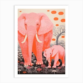 Pink Elephant Linocut Inspired Art Print