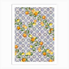 Blue azulejos tiles, oranges and citrus Art Print