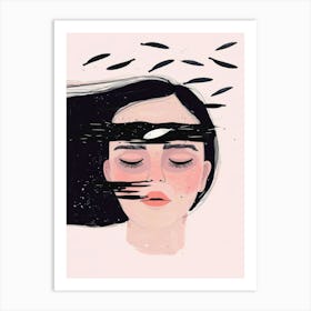 Illustration Of A Woman With Fish Flying Around Her Head 1 Art Print