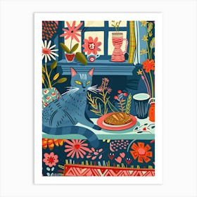 Tea Time With A Russian Blue Cat 2 Art Print