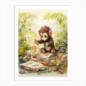 Monkey Painting Board Gaming Watercolour 1 Art Print