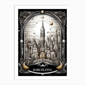 Barcelona, Spain, Tarot Card Travel  Line Art 3 Art Print