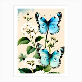 Blue Butterflies On White Flowers Art Print