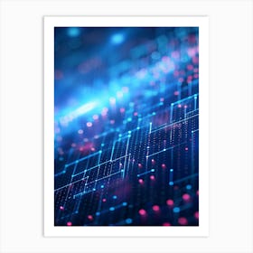 Abstract Background With Blue And Pink Glowing Lines, Dots, And Grid Patterns Against A Dark Background, Creating A Sense Of Depth And Perspective Art Print