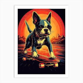 Boston Terrier Dog Skateboarding Illustration 2 Art Print
