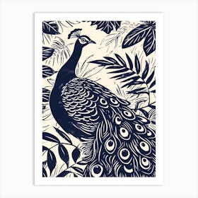 Navy Blue Peacock With Tropical Leaves 1 Art Print