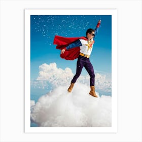 1980s Style Superhero Clad In Vintage Pilot Attire Soaring Above Cloud Banks Cotton White Cumulo (1) Art Print