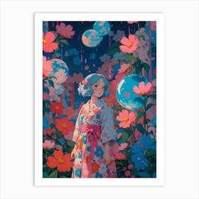 Anime Floral Kimono Girl Art Print