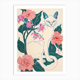 Cute Siamese Cat With Flowers Illustration 4 Art Print