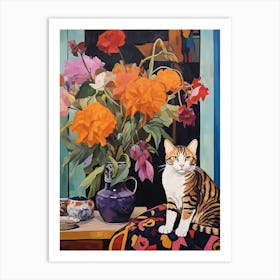 Foxglove Flower Vase And A Cat, A Painting In The Style Of Matisse 3 Art Print