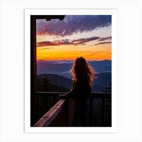 Woman Basking In Sunsets Glow On A Mountain Porch Silhouette Against A Sky Painted With Hues Of Or (5) Art Print