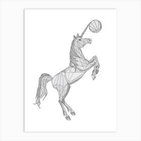 Unicorn Playing Basketball Black & White Illustration 1 Art Print