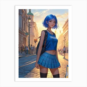 Blue Haired Girl With An Expression Of Cheerfulness Sportswear Adorns Her Athletic Frame As She Sta Art Print