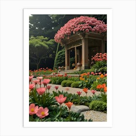 Pink Flowers In A Garden Art Print