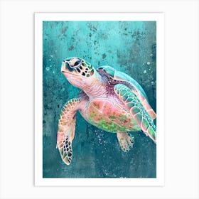 Sea Turtle Deep In The Ocean Textured Painting 1 Art Print