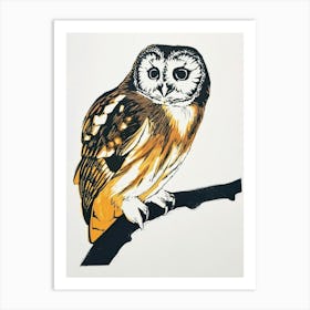 Northern Saw Whet Owl Linocut Blockprint 1 Art Print