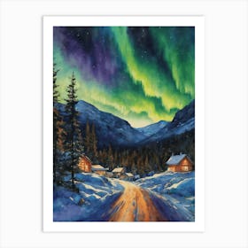 The Northern Lights - Aurora Borealis Rainbow Winter Snow Scene of Lapland Iceland Finland Norway Sweden Forest Lake Watercolor Beautiful Celestial Artwork for Home Gallery Wall Magical Etheral Dreamy Traditional Christmas Greeting Card Painting of Heavenly Fairylights 15 Art Print