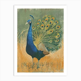 Blue Mustard Peacock In The Grass Linocut Inspired 1 Art Print