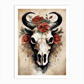 Vintage Boho Bull Skull Flowers Painting (51) Art Print