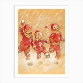 Children Playing in the Snow by Jessie Willcox Smith 1863-1965, Christmas Festive Snow art print, winter print, children in the snow | FParrish Art Prints Art Print