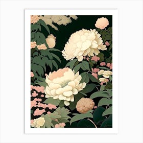 Japanese Peonies In A Garden 1 Vintage Sketch Art Print