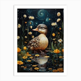 Floral Ornamental Ducklings At Night 1 Art Print