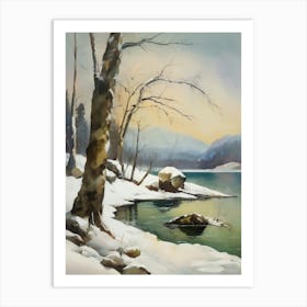 Ancient landscapes, old winter oil paintings and rocks around the lake bank. Snow is falling on the lake, old colors.6 2 Art Print