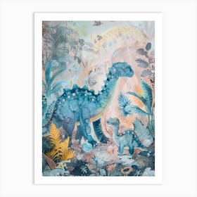 Blue Stegosaurus Dinosaur Parent & Child Art Print